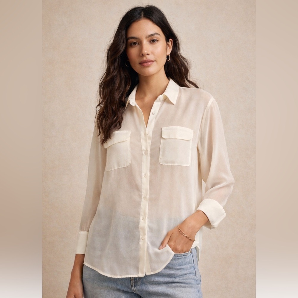 Walter Baker Sheer Ivory Button Down Blouse Size M